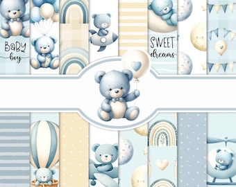 Digitaal papier blauwe teddybeer: 16 naadloze jpg's voor babyshowers (digitale download)