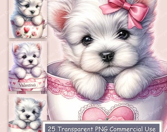 Aquarel Valentine Westie Puppies clipartbundel (digitale download)