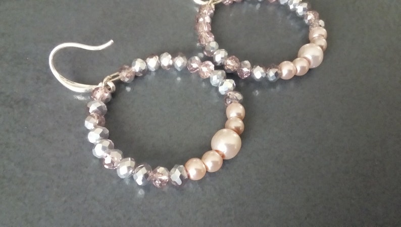 unique handmade earrings women Hoop beaded earrings hoops embedded beads handmade Silver Pink hoop earrings