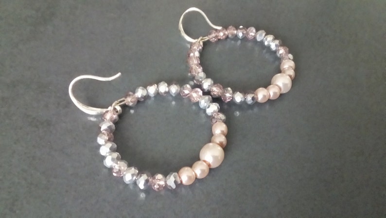 unique handmade earrings women Hoop beaded earrings hoops embedded beads handmade Silver Pink hoop earrings