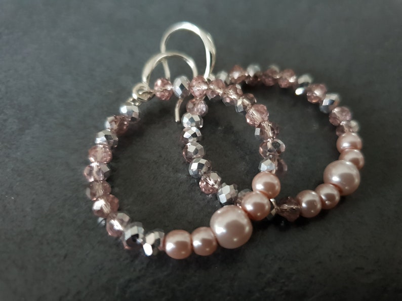 unique handmade earrings women Hoop beaded earrings hoops embedded beads handmade Silver Pink hoop earrings