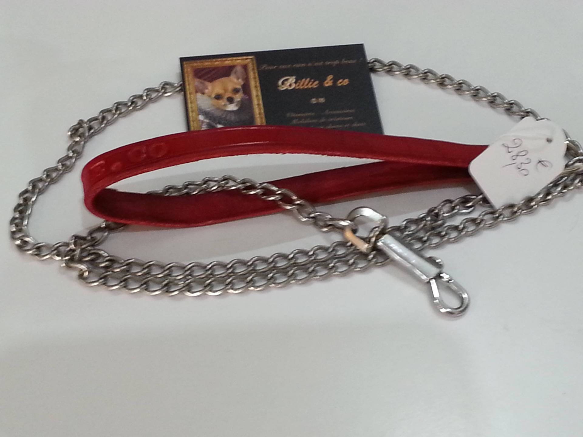 Laisse en Chaîne et Poignée Cuir Rouge Pour Chien