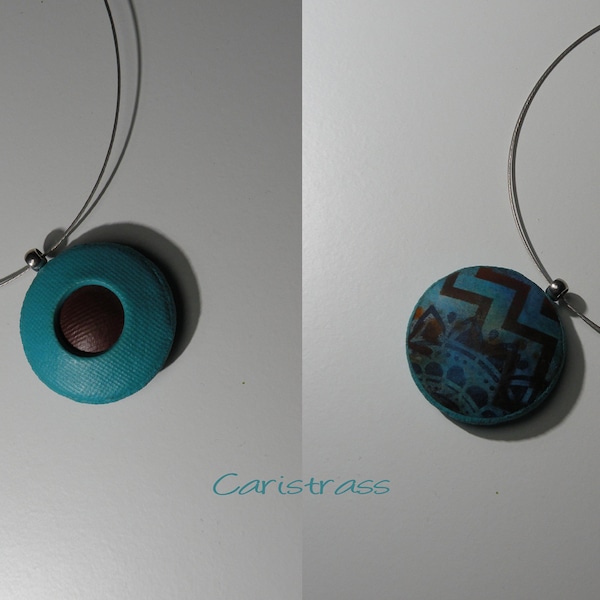 Pendentif rond recto verso en pâte polymère bleu turquoise et marron