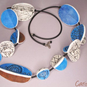 long necklace with large white and blue imitation wood beads