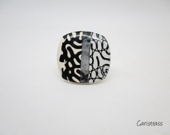 Black and white square ring in polymer clay