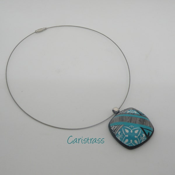 Pendentif carré bois usé gris et turquoise en pâte polymère