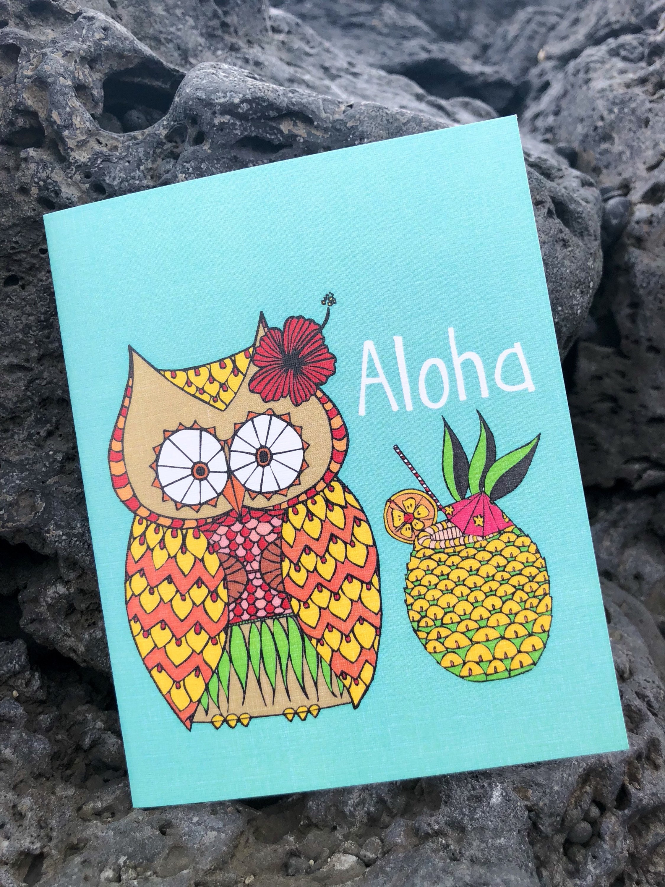 Ms Lu-Owl Greeting Card Aloha Mai Tai Hula Hooter Blank Notecard