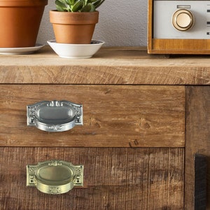 May include: Close-up of two ornate drawer pulls, one silver and one brass, mounted on a rustic wooden cabinet. The pulls have an oval center with decorative detailing. Above, two potted plants and a vintage radio sit on the cabinet surface.