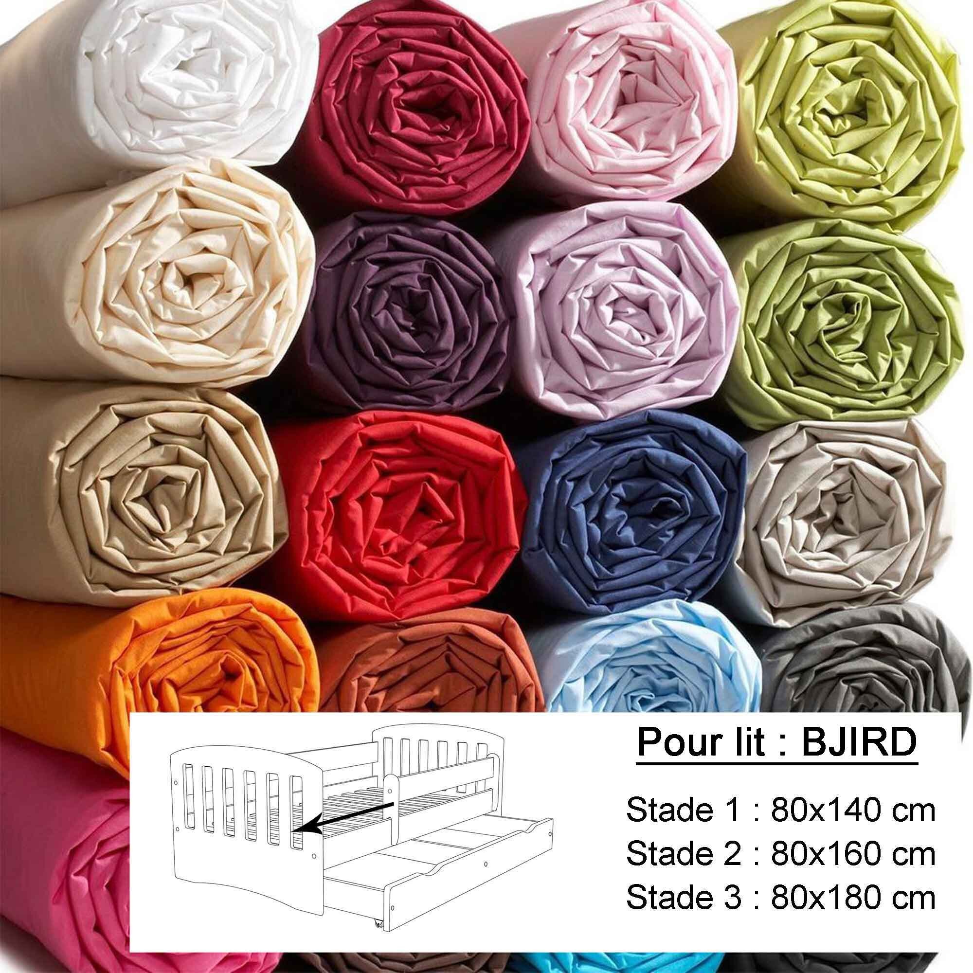 Drap Housse Coton Pour Lit Bjird 80x140 80x160 ou 80x180 cm Uni Imprimé Tissu Oeko-Tex