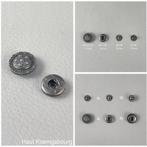 Pode incluir: Close-up de vários botões de pressão prateados. Um botão tem 17 mm de diâmetro e o outro 12 mm. Dois botões menores têm 10 mm cada. A imagem também mostra como os botões se conectam. O texto "Haut Koenigsbourg" está na parte inferior.