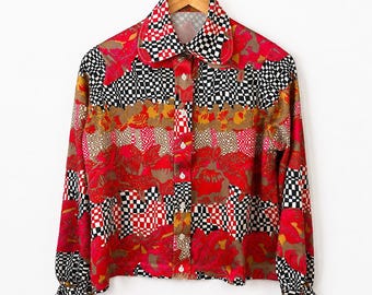 Vintage psychedelic red and black checkered shirt, size 40 FR