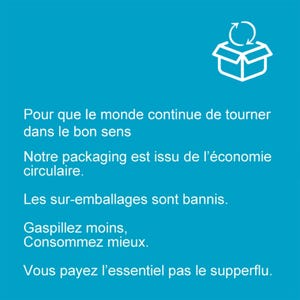 May include: White line art of a box with a recycling symbol on a teal background. Text in French reads: "Pour que le monde continue de tourner dans le bon sens. Notre packaging est issu de l'&eacute;conomie circulaire."