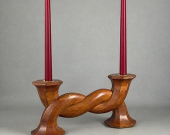 Vintage double candlestick with twisted design in solid wood