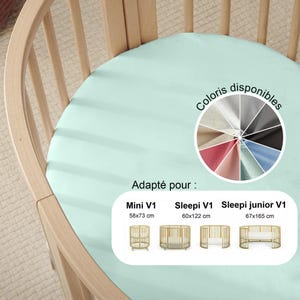 May include: A light green fitted crib sheet. The image shows a selection of available colors and crib sizes: Mini V1 (22.8x28.7 inches), Sleepi V1 (23.6x48 inches), and Sleepi junior V1 (26.4x65 inches).