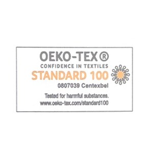 May include: A rectangular white label with the text "OEKO-TEX&reg; CONFIDENCE IN TEXTILES STANDARD 100" in black and orange. The label also includes the number "0807039 Centexbel" and the website address "www.oeko-tex.com/standard100".