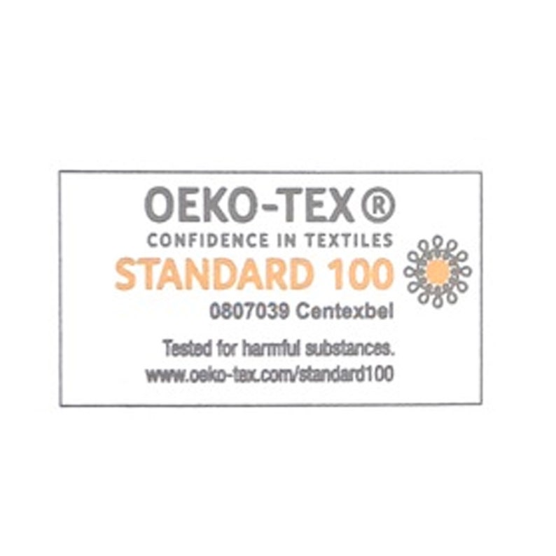 May include: A rectangular white label with the text "OEKO-TEX&reg; CONFIDENCE IN TEXTILES STANDARD 100" in black and orange. The label also includes the number "0807039 Centexbel" and the website address "www.oeko-tex.com/standard100".