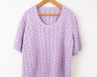 Vintage-style lilac crochet short-sleeved top, size 44 FR