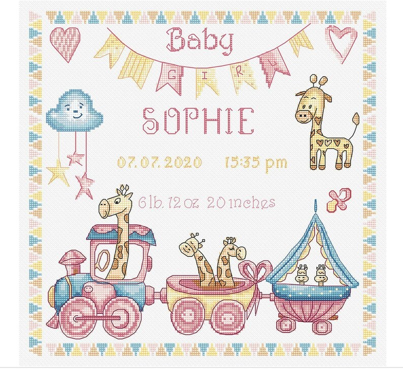 May include: Cross-stitch baby announcement with the name "Sophie", a giraffe, and a train with giraffe passengers. The announcement includes the baby's birth date, time, weight (6lb 12oz), and length (20 inches). The design features pastel colors.