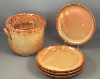 Vintage glazed terracotta pot and plates