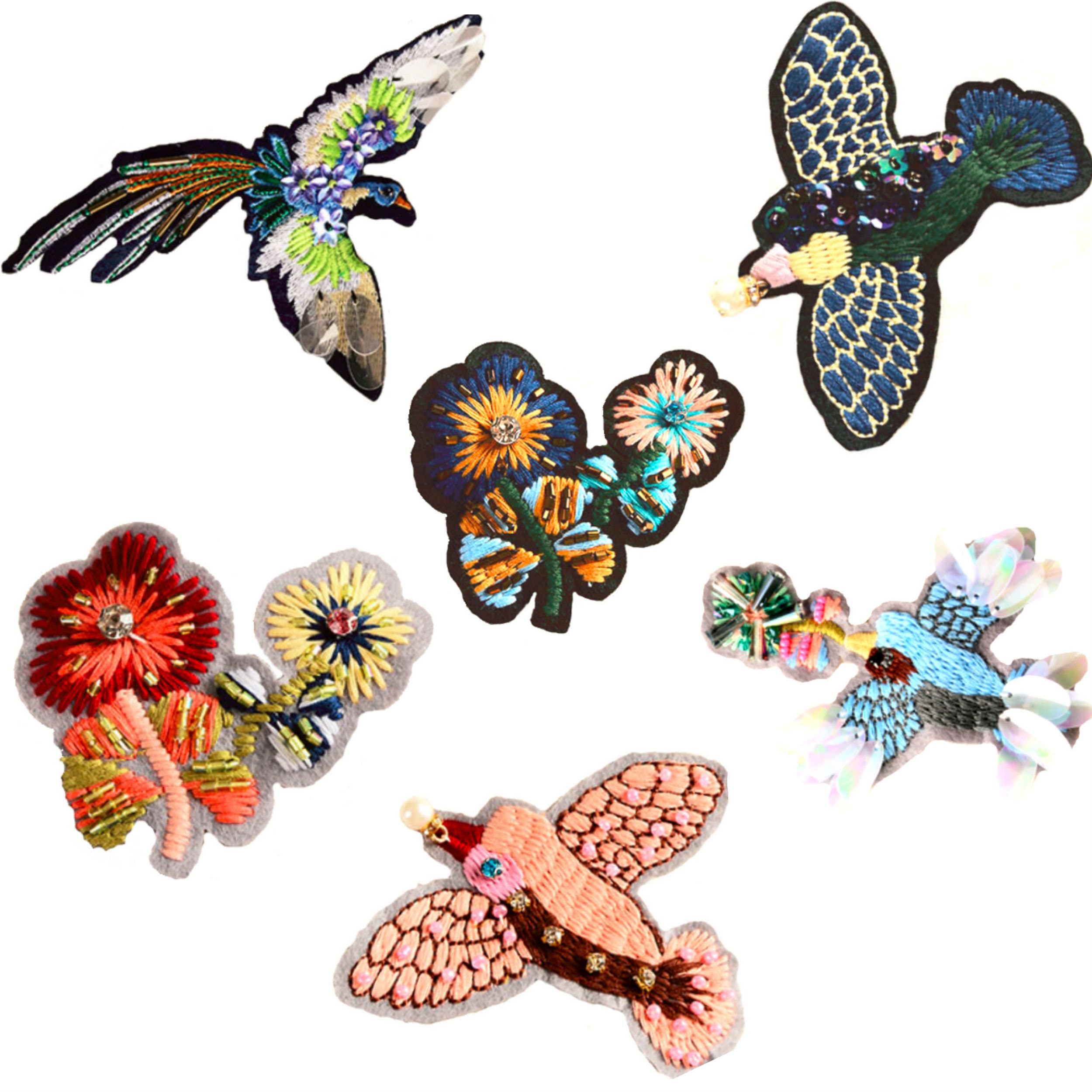 Sequin Patches Bird Blue Flower Light Pink Crystals Brooches sequin patches bird blue flower light pink crystals brooches
