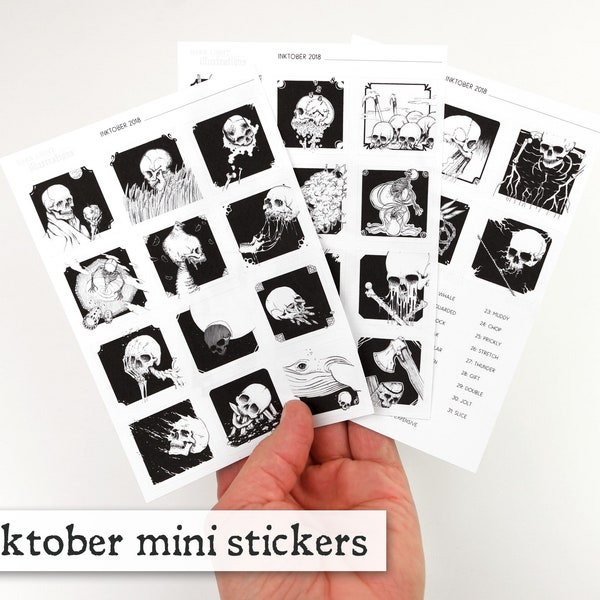 Sticker Set "Inktober 2018" · 3 Bögen matte Aufkleber · 31 Motive plus 31 Begriffe