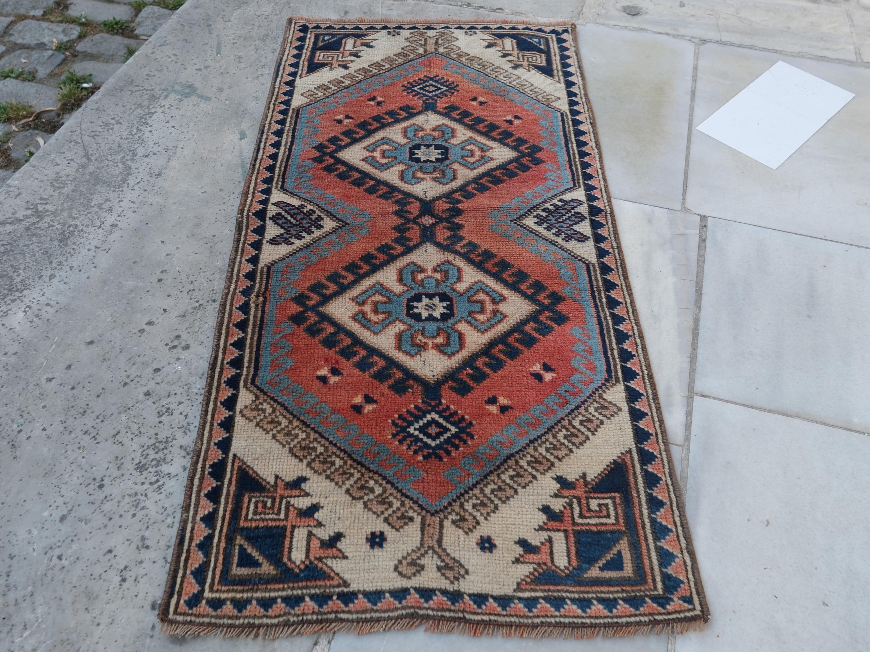 2x4 Anatolian Mini Vintage Rug,Blue Rug,Turkish Doormat Rug,2x4 Rug,Oriental Rug,Oushak Rug,Bohemian Rug,Antigue Rug,Handmade Rug,1.8x3.7ft