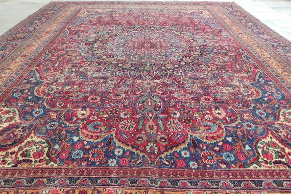 10x14 Oversize Vintage Rug,Large Rug,10x14 Rug,Anatolian rug,Antique Rug,Rug,Oushak Rug,Bohemian Rug,Turkish Rug,Blue Red Rug 9.8 x 13.9 ft