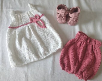 Baby outfit: white tunic dress and pink cotton bloomers - 3 months