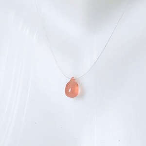 Invisible necklace, medium transparent peach pink drop, Czech glass pendant, ultra thin cable, minimalist, airy, simple
