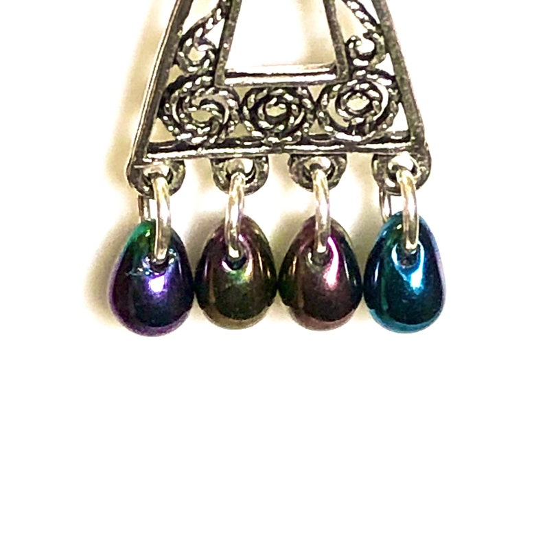 Boucles doreilles ethniques triangles ajourés spirales et gouttes hématite noire à reflets arc-en-ciel multicolores, tribal, bohème, rare image 4