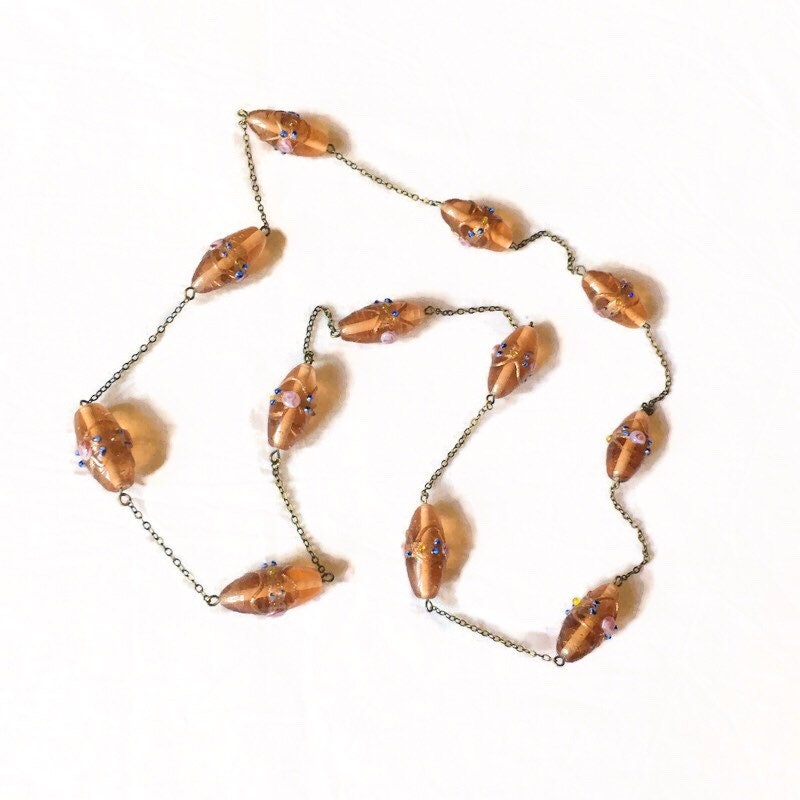 Collier Sautoir Ancien Perles De Verre Murano Cognac à Paillettes Cuivre - Bijou Vintage Occasion