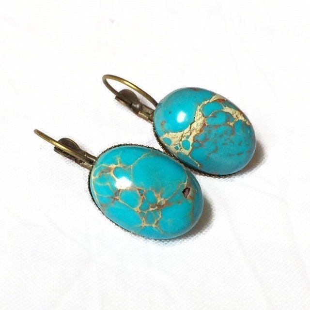 Boucles D'oreilles Dormeuses En Or 18 Carats Avec Turquoise - 4,48 G - Occasion Mais Magnifique