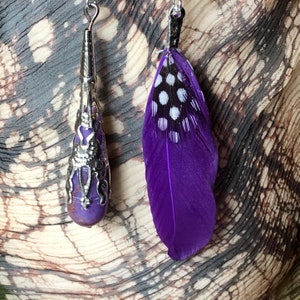 Tribal style asymmetrical purple long earrings with antique filigree silver cone with drop and feather “The Viking Queen”