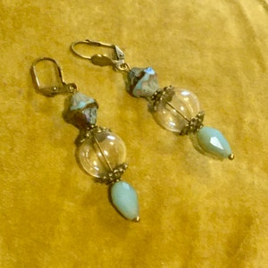 Bronze, turquoise, beige, transparent blown glass, Czech Saturn pearl, vintage aquatic “Sea Pods” earrings