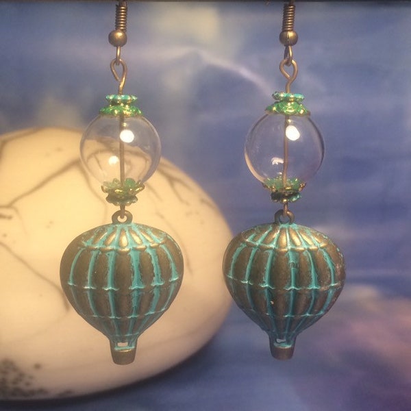 Verdigris patinated bronze earrings, hot air balloon with one domed face and transparent globe/bubble, vintage, steampunk, last piece