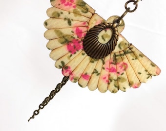 Pink, green, bronze sleeper earrings, wooden fan with flowers, Art Nouveau drop charm, chains, bucolic