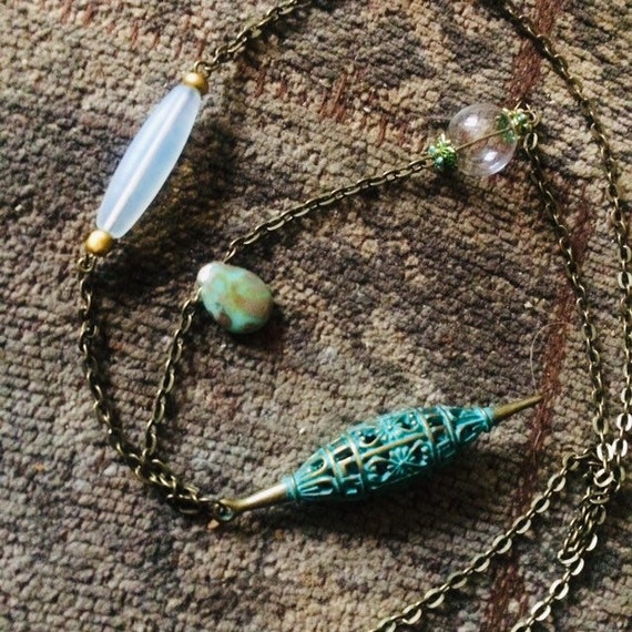 Sautoir Perles De Verre Vert Et Gris - Longueur Plus De 90 Cm - Style Bohème - Neuf Avec étiquettes