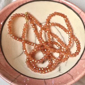 extra long (1.10m) burnt orange terracotta vintage sautoir necklace with faceted crystal rondelle beads (4x6mm), Art Deco, summer, nature
