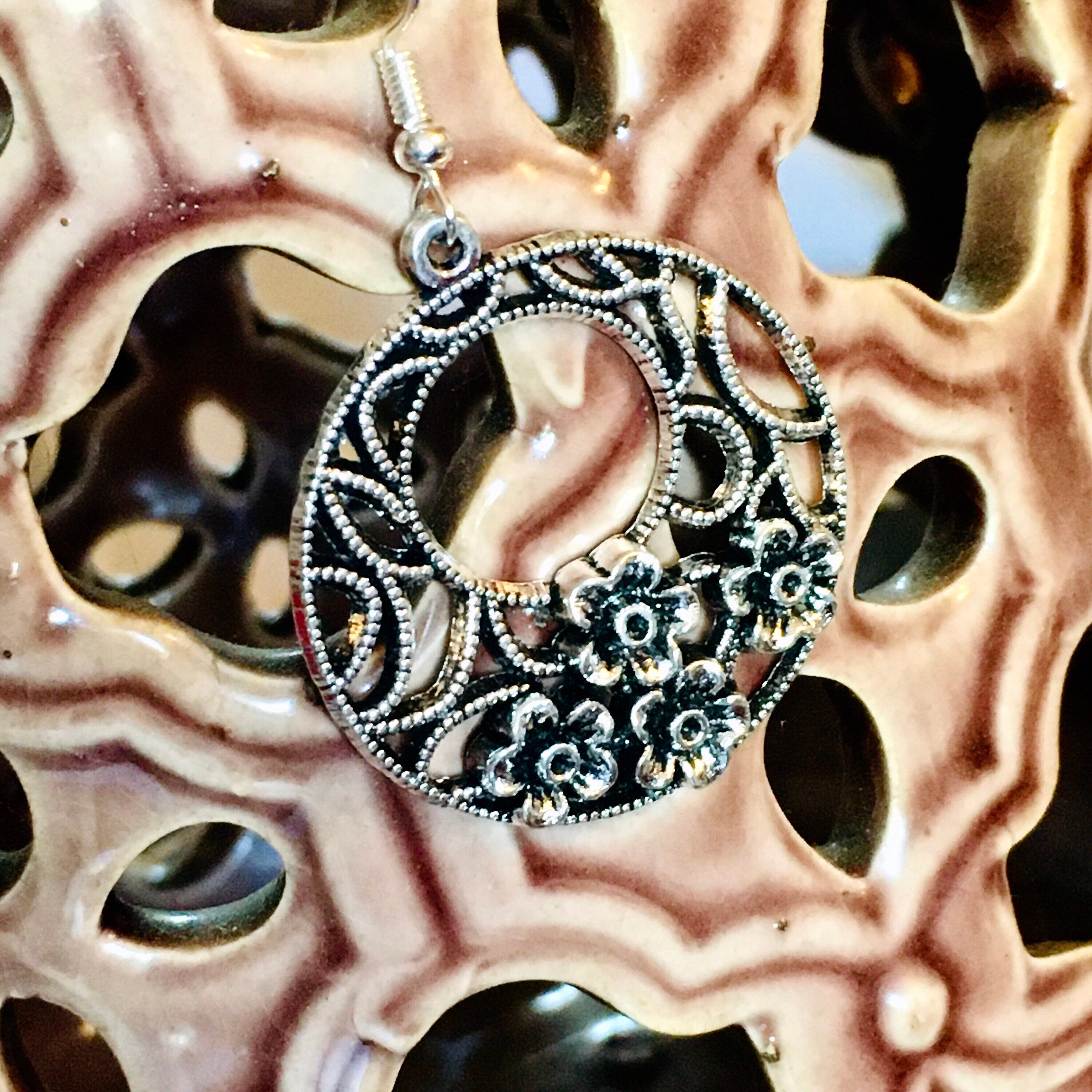 Round Antique Silver Earrings in Metal Openwork Curves and