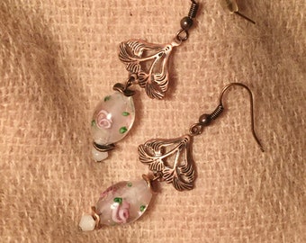 Stylized flower pendant earrings with Art Nouveau copper veils, transparent lampwork pearl inlaid with flowers and white crystal