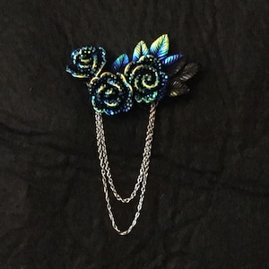 Midnight blue brooch, roses and glitter, rainbow reflections, silver chains, romantic retro, evening jewelry, fun, disco “Dancing Roses”