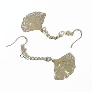 Silver ginkgo biloba leaf earrings, filigree prints on chain, delicate, ultra light, shiny, stainless steel hook