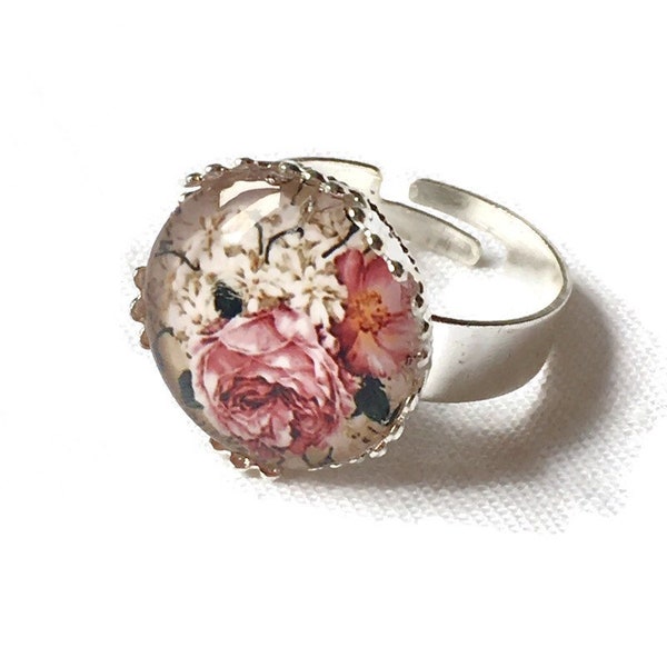 Bague couronne ronde argentée cabochon imprimé fleurs/Roses anciennes et anneau réglable, ajustable, rétro romantique, vintage