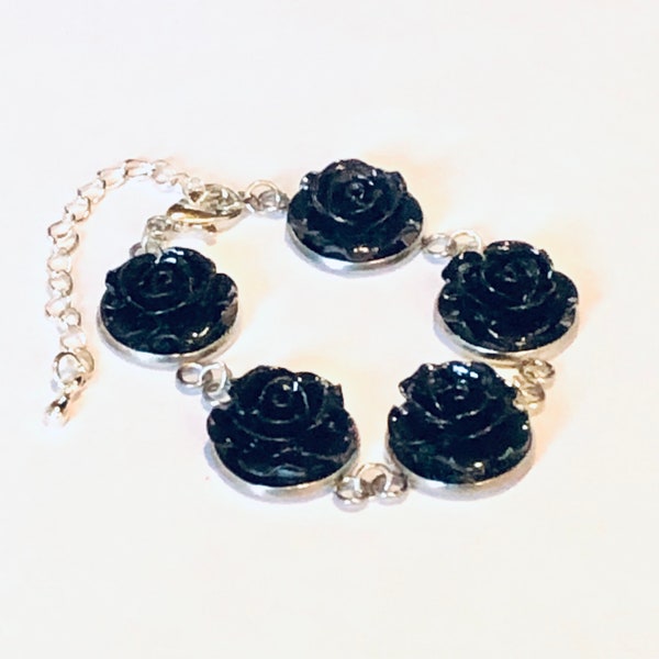 Bracelet de fleurs forme roses noires, sur métal argenté, vintage, rétro romantique, gothique, bucolique