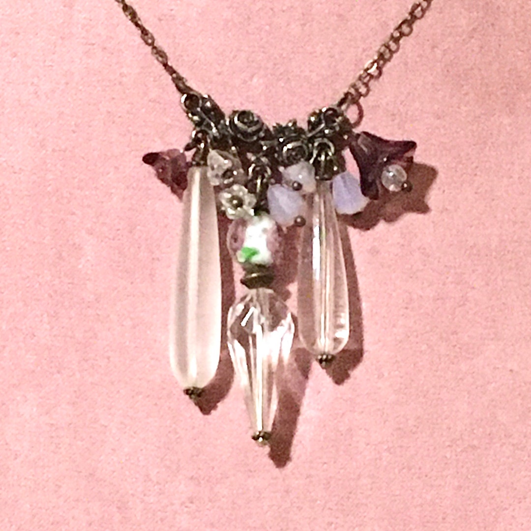 Breastplate Necklace on Bronze Print With Roses and Transparent Drops