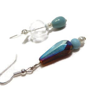 Turquoise earrings, transparent, asymmetrical, faceted drop, blown glass globe/bubble, retro-boho, baroque, poetic, ethereal