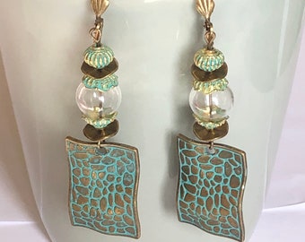 Verdigris on bronze wavy rectangular pendant earrings with blown glass bubble/globe and lantern bead, aquatic