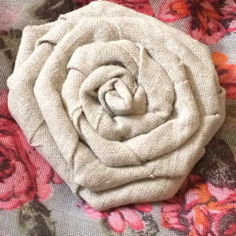 retro romantic boho rustic natural linen canvas vintage Beige grayed flower brooch nature hippie chic. handmade
