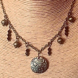 Bronze and black chain necklace, pendant, lantern pearl lace and crystal, engraved flower charm, bucolic, vintage