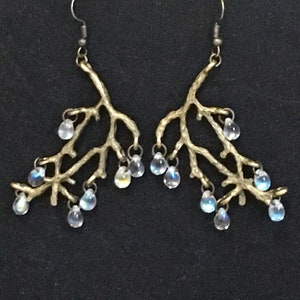 Antique bronze tree branch earrings and small Czech iridescent crystal drops, magical, rustic, nature “Winter magic”